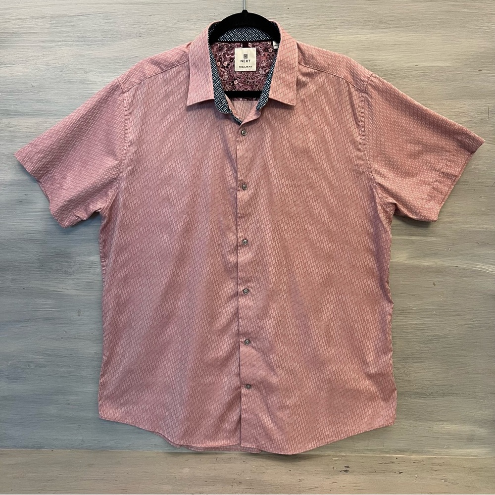 NEXT 100% Cottan Mauve‎ Print Short Sleeve Button Down Shirt XL Good Condition